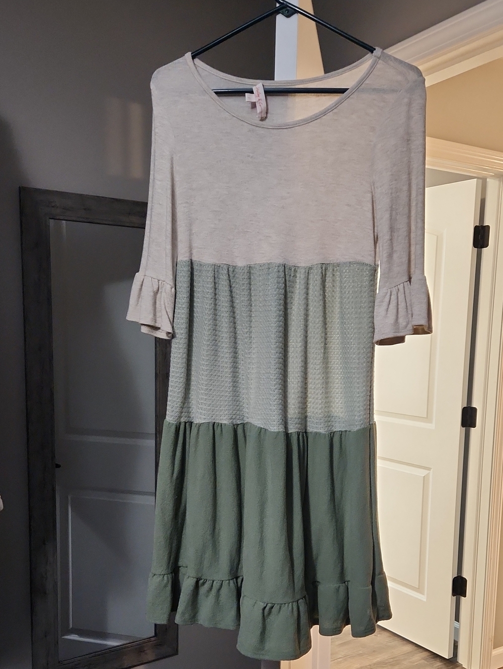 Tiered Ruffle Hem Dress - Light Taupe and Sage Green